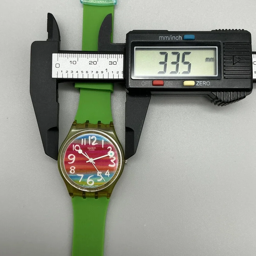 Swatch Color the Sky Mens Watch 34mm Rainbow Dial Green Strap New Battery